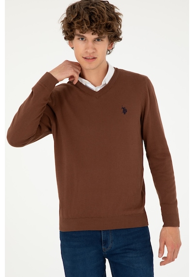 U.S. Polo Assn. Erkek Slim Fit V Yaka Kahverengi Basic Kazak 50293512-VR158