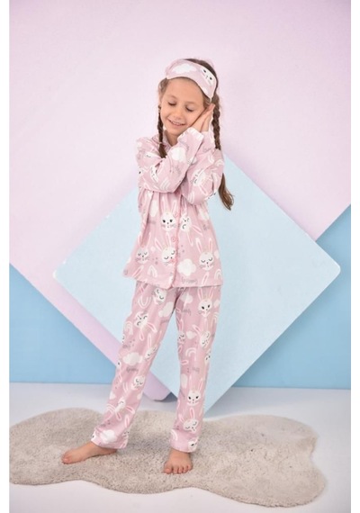 Kız Çocuk Soft Renk Desenli Pijama Takımı Yeni Sezon Son Moda Uyku - Göz Bandı Dahil Soft Pembe