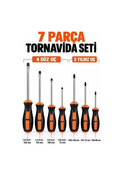 7 Parça Ergonomik Tornavida Seti 4 Düz Ve 3 Yıldız Uçlu Farklı Boy Tornavidalar