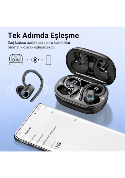 Polham Bt5.4 Kancalı Mikrofonlu Bluetooth Kulaklık 500mah Şarj Kutulu Dijital Göstergeli Spor Kulaklık