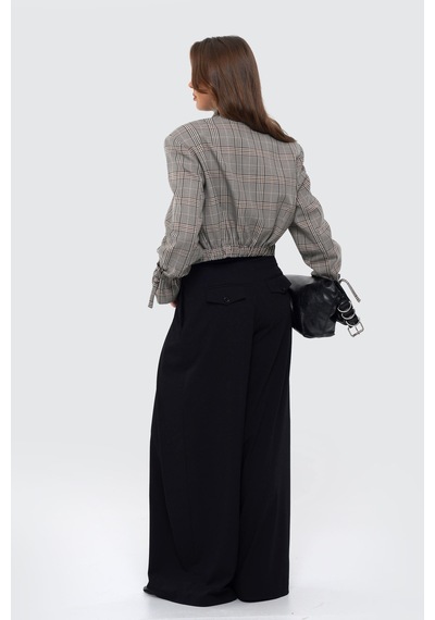 Thalure Kadın Kahverengi Dik Yaka Ekoseli Slim Fit Crop Ceket