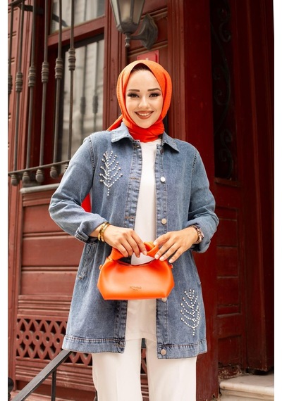 Harman Butik Kadın Boncuk Detaylı Denim Kot Ceket Mavi Mavi