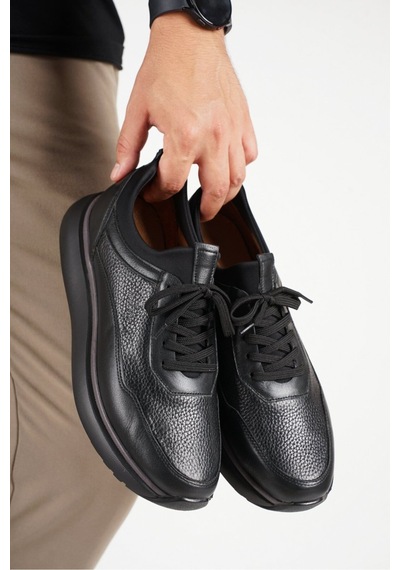 Fame Step Hakiki Deri Erkek Yürüyüş Ayakkabısı Casual Comfort Streç Yapı Bağcıksız Kullanım Ortopedik Günlük Rahat Taban Siyah Sneaker