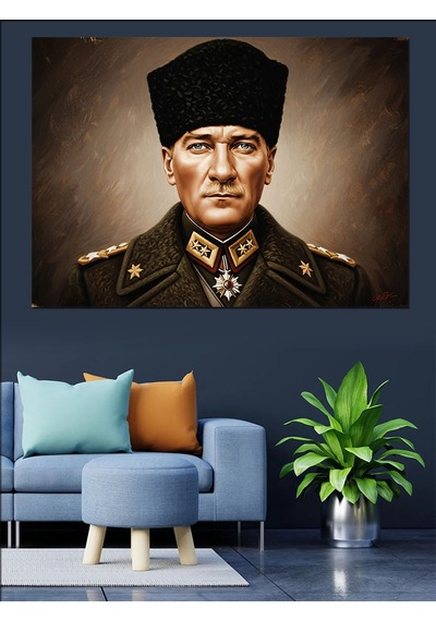 Yağlı Boya Kalpak Başlıklı Atatürk Portresi Dekoratif Kanvas - Mdf Ahşap Tablo