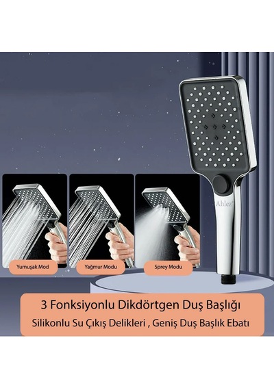 Aqua Kare 3 Fonksiyonlu Duş Başlığı Ve Siyah Duş Hortumu 1.5m Duş Seti Gümüş Krom Diğer