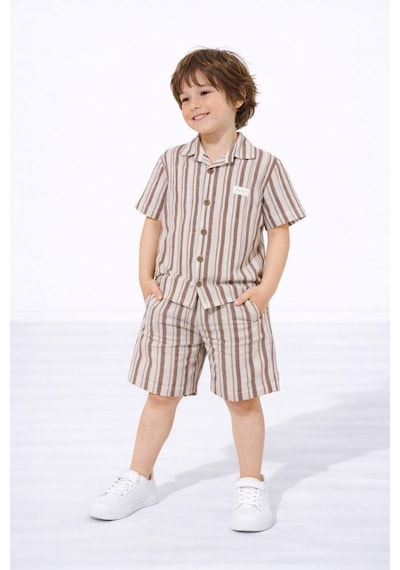 Miniko Kids Erkek Çocuk Çizgili Gömlekli Müslin Şortlu Takım Kahverengi