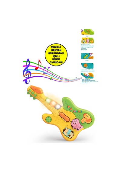 Hayvan Sesleri Çıkaran Işıklı Ninnili Müzikli Gitar İnteraktif Bebek Eğitici Tuşlu Oyuncak - Sarı
