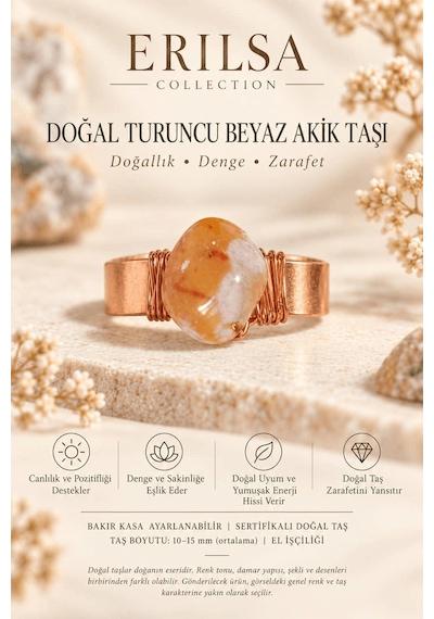 Sertifikalı Doğal Turuncu Beyaz Akik Taşı Yüzük Bakır Kasa Ayarla Çok renkli