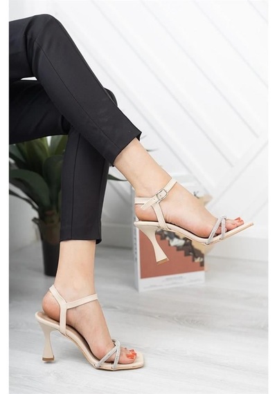 Kadın Taşlı Krem Dress Topuklu Ayakkabı Stiletto Krem