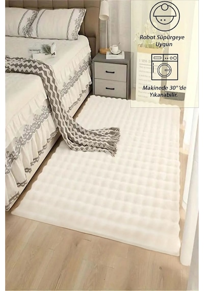 Raschel Carpet Krem Yumuşak Bubble Kaymaz Özel Taban Peluş Halı Yolluk