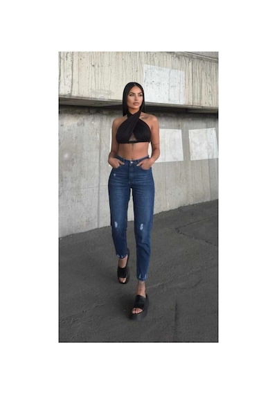 Kene Jeans Yüksek Bel Tam Kalıp Laci İşlemli Lazer Yırtık Mom Jeans Lacivert İşlemli