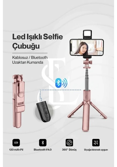 Bay Led Işıklı Selfie Çubuğu Bluetooth Kumandalı Kablosuz Tripot Selfie Monopod Selfie Stick Pembe Najmaddin