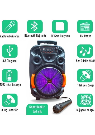 Upway Led Işıklı Mikrofonlu Şarjlı Bluetooth Hoparlör 10w Tf Usb Aux Tws 8 İnç Bass Woofer