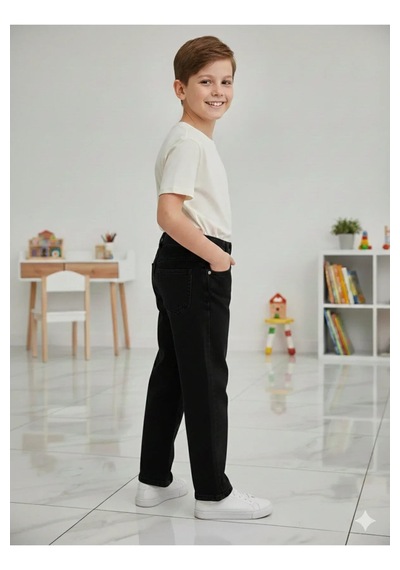 Erdem Kıds Erkek Çocuk Pamuklu Beli Lastikli Baggy Jean Pantolon Rahat Kalıp Geniş Bol Paça Kot Pantolon Siyah Erdem Kıds Erkek Çocuk Pamuklu Beli Lastikli Baggy Jean Pantolon Rahat Kalıp Geniş Bol Paça Kot Pantolon Siyah