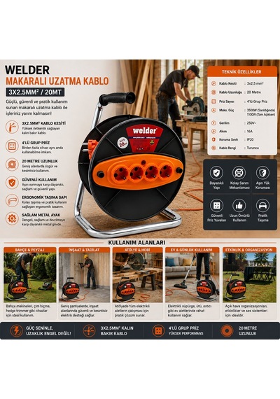 Cca Ct Welder Makaralı Uzatma Kablo - 3x2.5 Mm, 20 Metre Diger