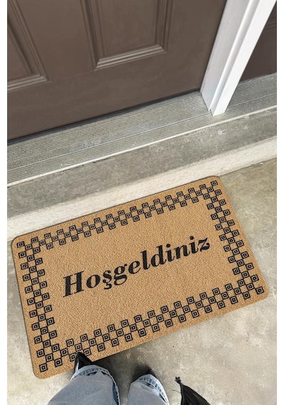 Coco Entry Ps026a Damalı Çerçeve Hoşgeldiniz Desen Kalın Kaymaz Taban Nem Alıcı Şık Kapı Önü Paspas Hardal