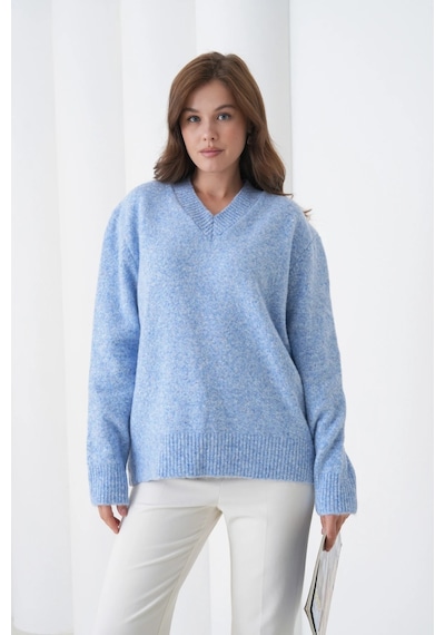 Park Karon Kadın V Yaka Yumuşak Dokulu Oversize Triko Kazak Bebe Mavi