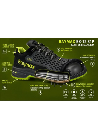 Baymax Bx-12 S1p Çelik Burun+çelik Ara Taban İş Güvenliği Ayakkabısı Siyah