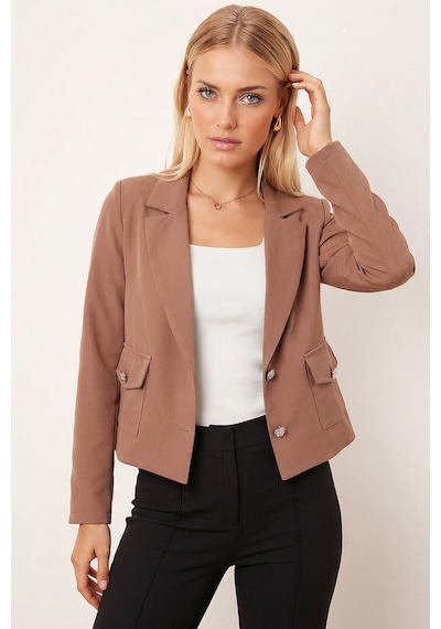 Armonika Kadın Koyu Vizon Erkek Yaka Kare Cepli Crop Ceket Arm-26k001026