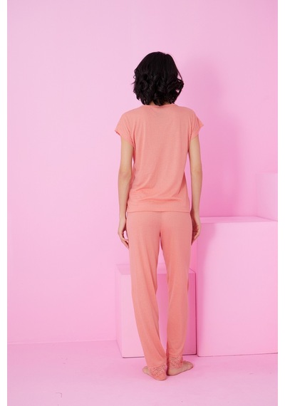 Siyah İnci Soft Touch İnce Mevsimlik Dantel Detaylı Örme Pijama Takım7864 Somon
