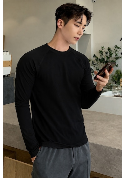 Tarz Cool Erkek Slim Fit Uzun Kollu Bisiklet Yaka Likralı Pamuk Tişört Siyah