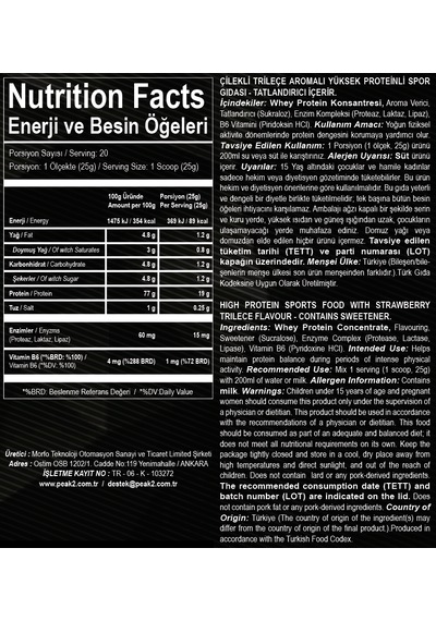 Whey Protein Tozu Çilekli Trileçe Aromalı 500gr 20 Servis Çilek