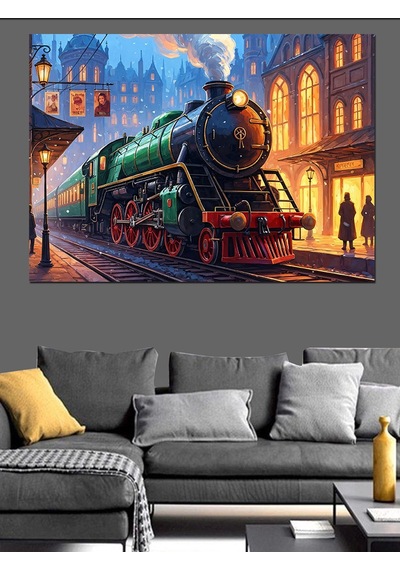 Ahşap Tablo Gece Işıkları Altında Buharlı Tren
