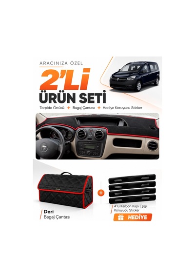 E-biz Dacia Dokker 2012-2020 Uyumlu Torpido Örtüsü + Deri Bagaj Çantası - Siyah-kırmızı - Da010