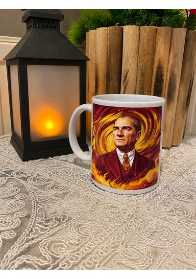 Kişiye Özel Sarı Kırmızı Renk Tasarımlı Atatürk Görsel Temalı Kupa Bardak Sarı - Kırmızı