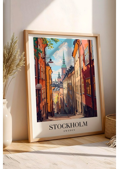 Stockholm Sweden Vintage Seyahat Posteri Çerçeveli Tablo - Premium Gamla Stan Elit Duvar Dekoru Kayın