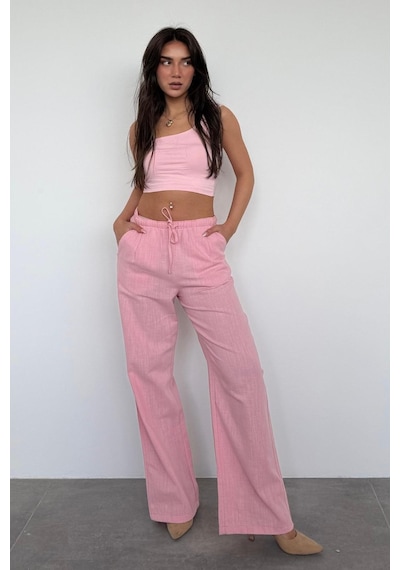 Madmext Pembe Beli Büzgülü Wide Leg Kumaş Pantolon Mg1950 Pembe