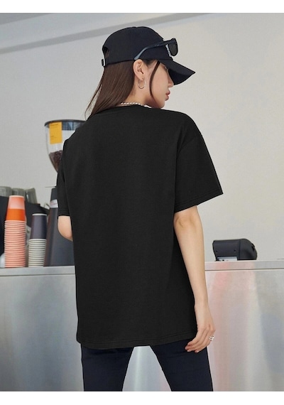 Startmore Kadın Siyah Airplane Baskılı Oversize T-shirt Siyah