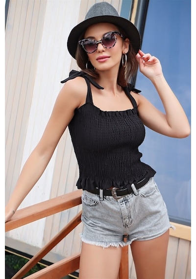 Aqe Fashion Omuz Bağlamalı Gipeli Kolsuz Siyah-Siyah