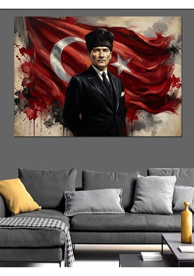 Atatürk Türk Bayrağı Önünde Portre Dekoratif Kanvas - Mdf Ahşap Tablo