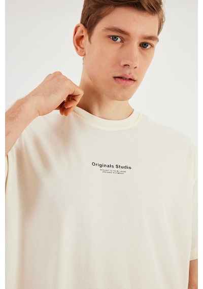 Leo Erkek Oversize Tshirt %100 Pamuk Bisiklet Yaka Baskı Detaylı Basic Tişört Mtlce81 Ekru