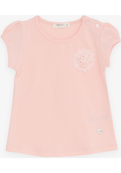 Breeze Kız Bebek Tişört Çiçek Nakışlı 9 Ay-3 Yaş, Somon-somon Somon