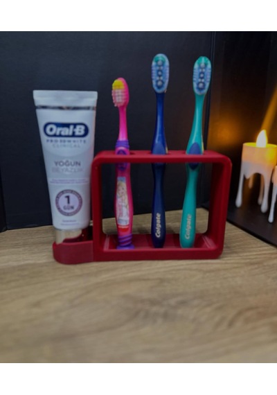 3 Lü Diş Fırça Tutucu Ve Diş Macunu Rafı Stand Kırmızı / Beyaz / Siyah Kırmızı
