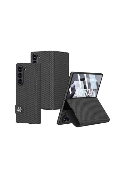 Galaxy Uyumlu Z Fold 6 Kılıf Karbon Fiber Tasarımlı Magnetik Tokalı Kartlıklı Uzrm Kıpta Zegna Kapak-siyah Siyah