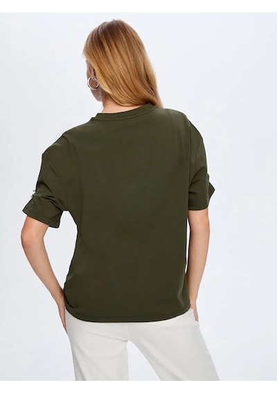 Faik Sönmez Kolları Taş Detaylı Yuvarlak Yaka Kadın T-shirt W26tsh088 Haki