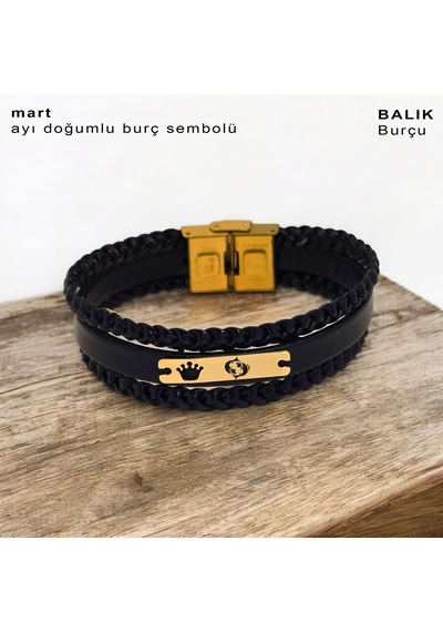 Archin Balık Burçlarına 14 Ayar Altın Plakalı Taç Motifli Hakiki Siyah Derili Hediye Bileklik-397burç Balık Archin Balık Burçlarına 14 Ayar Altın Plakalı Taç Motifli Hakiki Siyah Derili Hediye Bileklik-397burç Balık