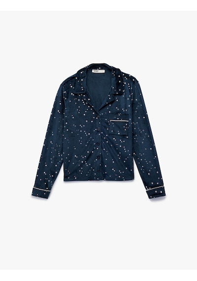 Koton Rahat Kalıp Uzun Kollu Gömlek Yaka Yıldızlı Kadife Pijama Üstü Lacivert Desenli 6wlk40172mk Lacivert Desenli