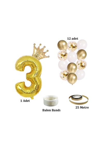 3 Rakam Gold Folyo Balon, Kral Tacı Ve Konfetili Gold Balon