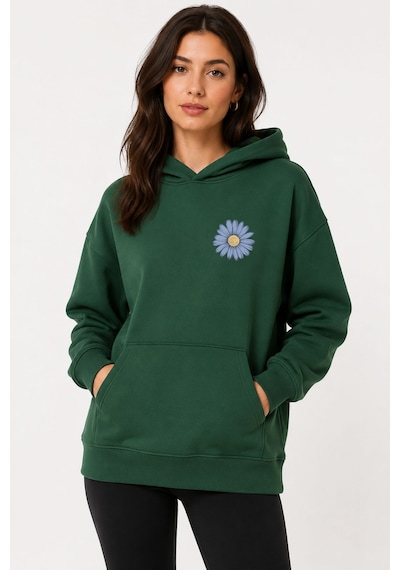 Herkesemoda Papatya Baskılı Kapüşonlu 2 İplik Şardonlu Sweatshirt Yeşil