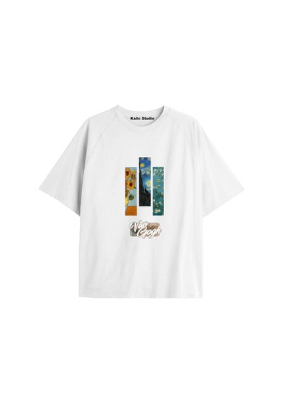 Kalic Studio Unisex Van Gogh Baskılı Oversize Tshirt Beyaz-55