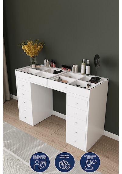 Df02116b Beyaz Geniş Organizer Bölmeli Çekmeceli Makyaj Masası 120 Cm Beyaz