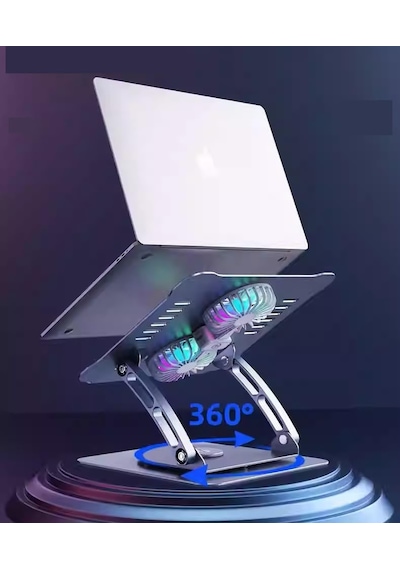 Metal Laptop Standı 360 Derece Dönebilir Rgb Çift Fanlı Premium Serisi Notebook Tutucu Alüminyum Macbook Yükseltici 11-17 İnç