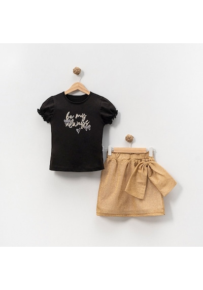 Overdo Kids Kız Çocuk Kısa Kol T-shirt Simli Etek Takım Siyah