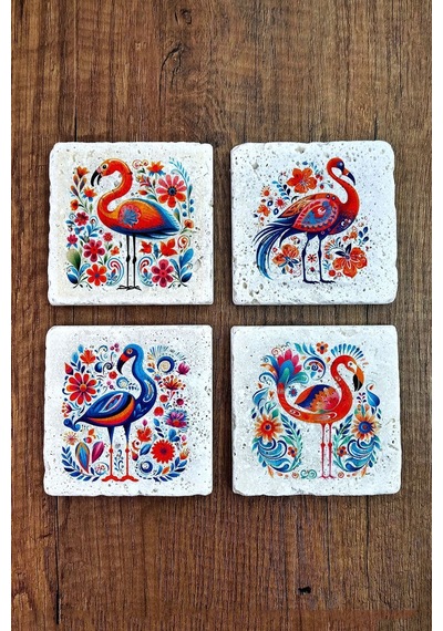 Doğal Taş Bardak Altlığı 4'lü Set 10x10x1 Cm Filamingo Desenler -stone Coasters Çok Renkli