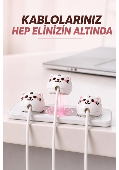 Kedi Figürlü Manyetik Kablo Düzenleyici Ch01 Beyaz