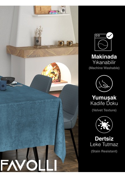Kadife Dokulu Derin Mavi Rengi Masa Örtüsü Derin Mavi